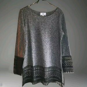 Gray Long Sleeve Shirt Top Blouse Knit Black Lace Trim Detail OSO Casuals Size S